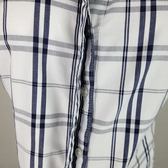 Basic Editions White Plaid Hidden Button Panel Collared Blouse Size M - Picture 3 of 10